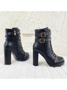 Hailey Lace Up Gold Studded Ankle Boots 4.5" Chunky Heels